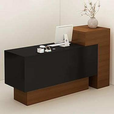 Imagem de Mesa de recepção moderna com gavetas trancáveis, orifício para cabos e prateleiras de armazenamento abertas - Grande balcão frontal para uso no varejo ou escritório (preto, 140 x 50 x 110 cm)