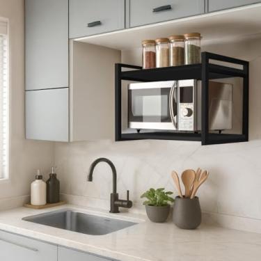 Imagem de Suporte De Micro-ondas Forno Eletrico air fryer Porta Tempeiros Industrial Multiuso 2 Prateleiras Aço Reforçado Cozinha (TODO PRETO)