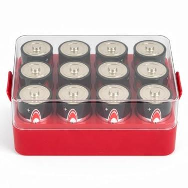 Imagem de ALCYON Estojo organizador de bateria, caixa de compartimento de bateria para 12 pilhas D, suporte de bateria protetor de plástico transparente para viagem/casa/escritório (vermelho, grande)