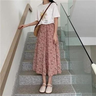 Imagem de Saia Midi Feminina Vintage Floral - Plissada, Cintura Elástica e Estil