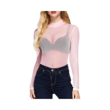 Imagem de Camiseta Feminina Preta Ultra-Fina De Malha Com Manga Longa, Top Sexy 