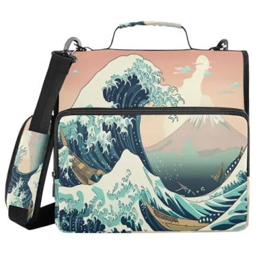 Imagem de SEHANY Fichário japonês Seawave com alça de ombro, capacidade para 500 folhas, vários bolsos, 3 cm, 3 anéis Trapper Keeper