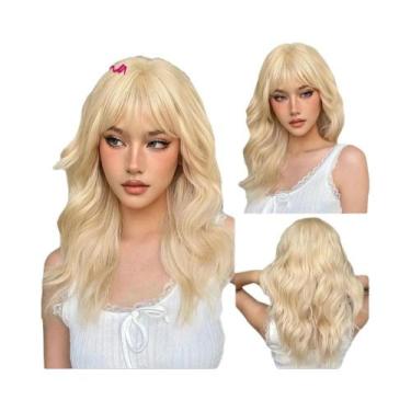 Imagem de Peruca Sintética Ondulada Loira Clara Com Franja, Comprimento Médio, E