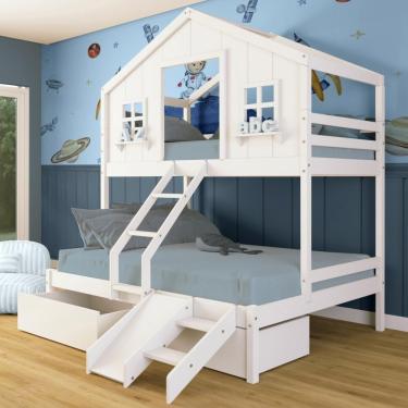 Imagem de Beliche Casal/ Solteiro Casinha Dos Sonhos Com 02 Gavetas Kit Escada/ Escorregador Madeira Maciça Branco Megamobilia