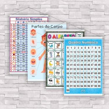 Imagem de kit com 4 Banner Educativo Sílabas Simples, Partes do Corpo, Alfabeto,