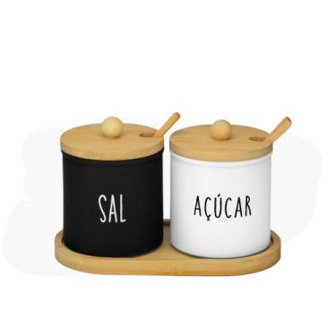 Imagem de Porta Condimento Saleiro E Açucareiro 300ml Base De Bambu Doha Hauskra
