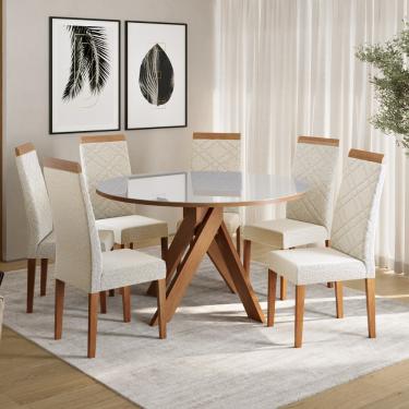 Imagem de Conjunto Sala de Jantar Mesa 137cm com Tampo de Vidro Mônaco com  6 Cadeiras Atlas Madetal - Mel/Nude/Bege