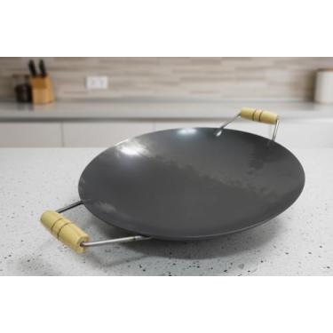 Imagem de Tacho Disco De Arado Frigideira Wok Chapa Em Aço Carbono Rustico Cabo Em Madeira