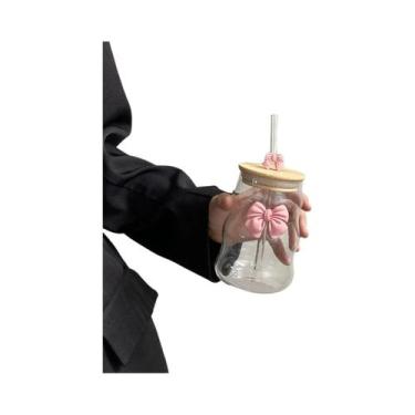 Imagem de Copo De Vidro Elegante Com Listras E Ondas, Com Tampa E Canudo, Para M