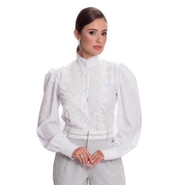 Imagem de Camisa Social Feminina Rendada Luxo Moderna Teodoro Glamour, M, Branco