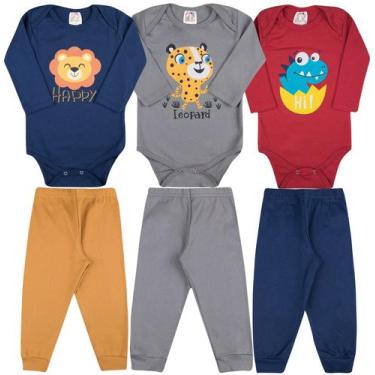 Imagem de Kit Roupa de Bebe 6 Peças Body Manga Longa Estampado e Calça Mijão Alg