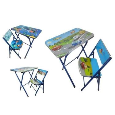 Imagem de Mesa infantil com cadeira mesinha dobravel educativa kit crianças azul
