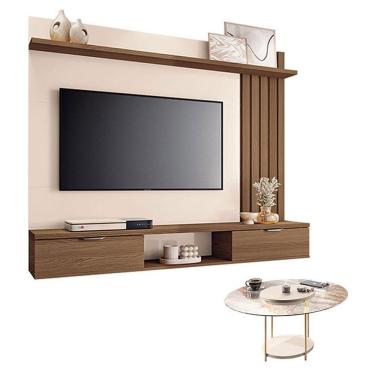 Imagem de Painel Suspenso Lets Castanho Off White Com Mesa De Centro Sky Com Tampo De Vidro Off White - Hb Móveis