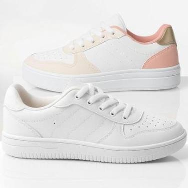 Imagem de Kit Tênis Feminino Sneaker Academia Branco Casual Rose Moda Blogueira Dourado Retrô-Feminino