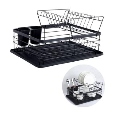 Imagem de Escorredor de Louças Preto 2 Andares Bancada Porta Talheres em Metal e Plástico com Ban...