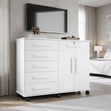 Imagem de Cômoda Gran Luxo Multiuso com 6 Gavetas Amplas Rodízios Porta Televisão e Sapateira Dupla - Branco