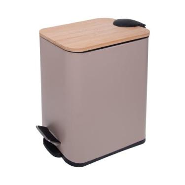 Imagem de Lixeira retangular com pedal e tampa de bambu 5l bege metal - LYOR