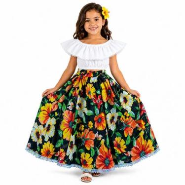 Imagem de Conjunto Infantil Saia Carimbó e Danças - - Preto Flor Amarela - M - M