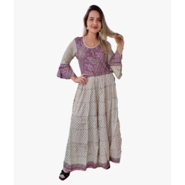 Imagem de Vestido Longo Indiano Estampado Manga 3/4 Toque De Seda-cod.005 - Alec