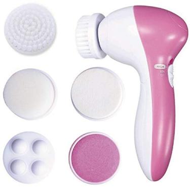 Imagem de Escova de limpeza facial 5 em 1 escova facial elétrica multifuncional à prova d'água escova rotativa de limpeza de rosto com 5 cabeças de escova para limpeza profunda e esfoliação suave de cravos e massagem facial (rosa)