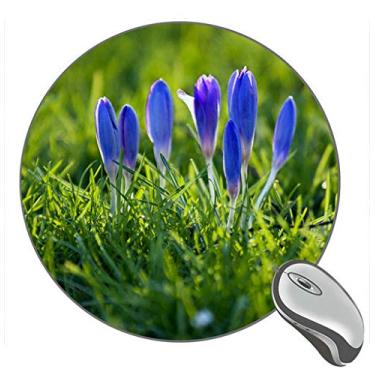 Imagem de Mouse pad redondo de borracha Crocuses Blue Petals Buds Grass Spring para jogos