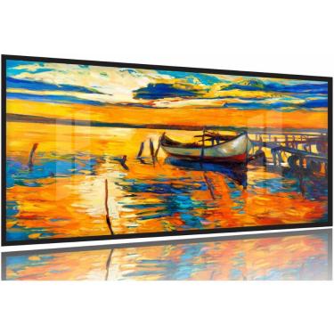 Imagem de Quadro Decorativo Pintura Barco Na Costa 130x60 Moldura Preta 2x2