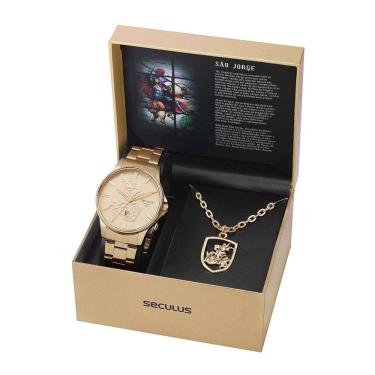 Imagem de Kit Relógio Aço Dourado e Colar São Jorge
