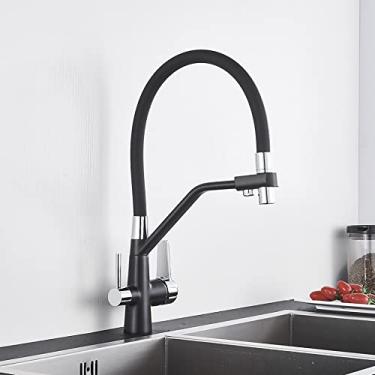 Imagem de Torneira de pia de cozinha torneira misturador de filtro de água pura guindaste com alças duplas purificação torneira de cozinha quente e fria, preto e cromado, china