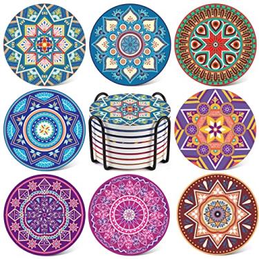 Imagem de LIFVER 8 pacotes de conjuntos de porta-copos absorventes, porta-copos de cerâmica estilo mandala com suporte, porta-copos de 10 cm para bebidas com base de cortiça, ótima decoração colorida, presentes ideais de Ação de Graças e inauguração de casa