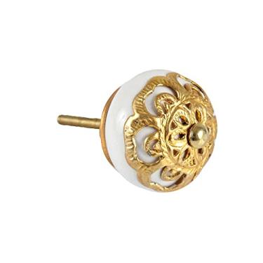 Imagem de Puxador para Portas Moveis e Decoração em Cerâmica Branco e Dourado com Acabamento Elegante Moderno e Sofistico 4X4X3CM