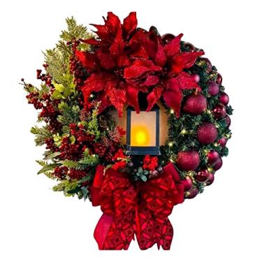 Imagem de Christmas Wreath Christmas Garland Decor Decoração De Árvore De Natal 12 Polegadas Decorações De Natal Lâmpada De Óleo Lâmpada De Natal Vermelho Flor Do Natal Porta De Coroa Pendurada