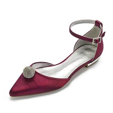 Imagem de Sapatos de casamento para noivas mulheres sapatilhas sapatilhas com fivela de cetim bico redondo sapatos com strass 36-43,Burgundy,3 UK/36 EU