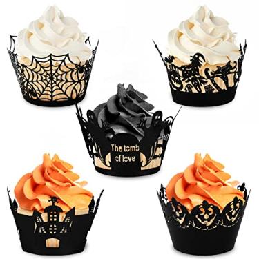 Imagem de Pacote com 100 embalagens de cupcake Whaline para Halloween, copos de papel artístico para assar com corte a laser preto para decoração de bolos para festa temática de Halloween