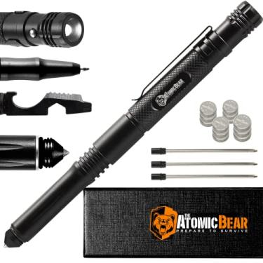 Imagem de Caneta tática – caneta de autodefesa e caneta multiferramenta – caneta de sobrevivência lanterna para homens e mulheres – equipamento tático e presente – caneta militar EDC + disjuntor de vidro + abridor de garrafa – 3 refis de tinta + 12 baterias