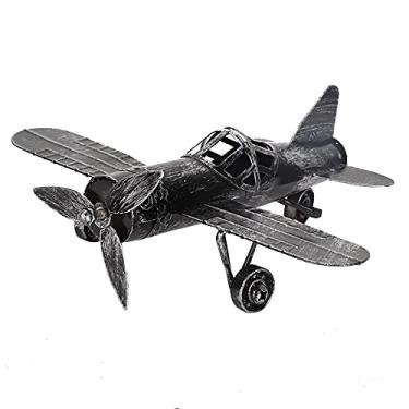 Imagem de Artesanato de aeronaves de ferro retrô, modelo de biplano grande de 8,3 polegadas modelo de avião vintage biplano de aeronaves de ferro forjado para decoração (Black)