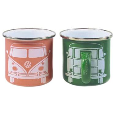 Imagem de BRISA Coleção VW - Volkswagen Conjunto de 2 peças de caneca de café e chá esmaltado para acampamento e ônibus T1 ao ar livre (verde/rosa)