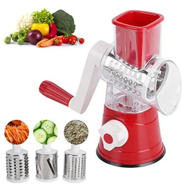 Imagem de Cortador de legumes de manivela,ralador de frutas rotativo, triturador, acess¨®rio de cozinha para casa, cortador de legumes de cozinha multifuncional com 3 laminas intercambi¨¢veis(Red), cortador