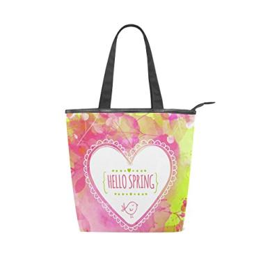 Imagem de Bolsa feminina de lona durável coração primavera rosa verde grande capacidade sacola de compras bolsa de ombro