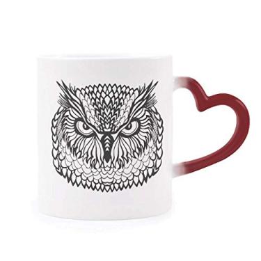 Imagem de Caneca sensível ao calor com desenho de animal de coruja, olhos grandes, caneca vermelha que muda de cor