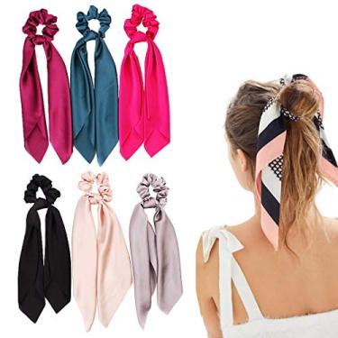Imagem de Scrunchies de cabelo de cetim de seda, cachecol de cabelo com padrão de flor, listrado e estampado Bobbles para suporte de rabo de cavalo, 6 Pcs Solid Colors