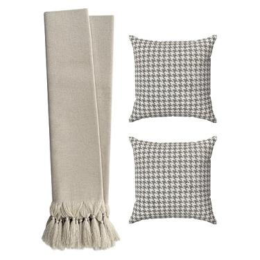 Imagem de Tmdecor Kit Manta Xale Para Sofá E Cama Confort 3 Metros Bege Cru + 2 Capas De Almofadas Decorativas (Pied De Poule bege)
