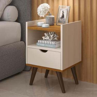 Imagem de Mesa De Cabeceira Alice Modelo Retrô Com 1 Gaveta e Nicho Off White/Freijó