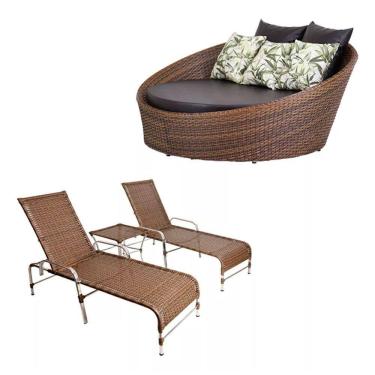 Imagem de Kit - Chaise Em Alumínio Com 2 Espreguiçadeiras Catar Reguláveis Com Almofadas Impermeáveis Para Piscina E Jardim - Trama
