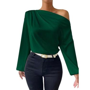 Imagem de Milumia Blusa feminina elegante de cetim com ombros de fora, franzida, manga comprida, camisas de seda, Verde escuro, GG