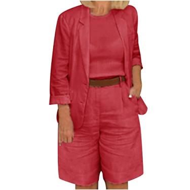Imagem de Conjunto de blazer e shorts de linho feminino com botões duplos blazer conjuntos femininos de 2 peças roupas fofas plus size, Vermelho, 5G