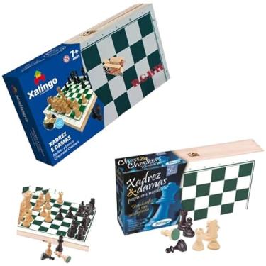 Imagem de Brinquedo Educativo Tabuleiro Xadrez e Damas Estojo E Peças Em Madeira Premium (Tabuleiro 32x32x4, Rei 8,5 Cm)