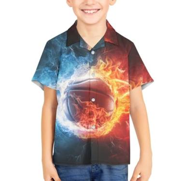 Imagem de Camisas havaianas de botão para crianças tropicais manga curta camiseta unissex praia verão camisetas Aloha para 3-16 anos, Flame Basketball, 13-14 Years