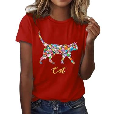Imagem de PKDong Camisetas femininas de Páscoa com estampa de gato, coelhinho da Páscoa, gola redonda, manga curta, camiseta fofa, Vermelho, M