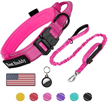 Imagem de AUBELL Conjunto de coleira e coleira tática para cães, coleira refletiva de nylon militar ajustável e coleira com alça e fivela de metal pesado para cães médios grandes, com suporte Airtag e 2 adesivos (rosa, GG)