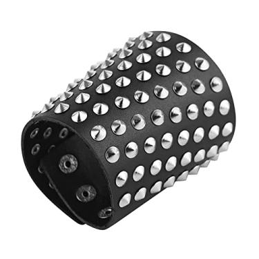 Imagem de STWTR Pulseira de couro unissex preta cravejada punk rock motociclista de tiras largas, Couro, não conhecido